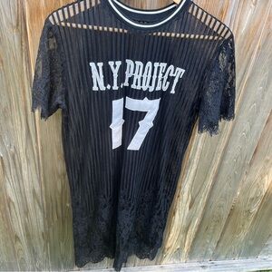 NY Project 17 Sheer Black Lace Midi Dress Scalloped Hem and Sleeves